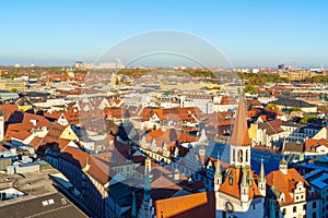 Aerial view of red roofs in old city, Munich, Germany