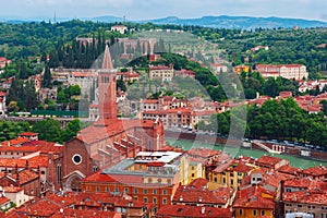 Aerial view of red roofs in Verona, Italy