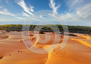 Aerial view of Red Sand Dunes local name is Doi Cat Do, also known as Golden Sand Dunes, is located near Hon Rom beach, Mui Ne,