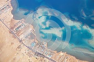 Aerial view of Red Sea coastline and sand islands.