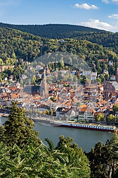 Aerial view of the red tiled roof buildings. Top view of the historic center Heidelberg city in Germany.