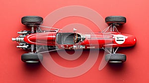 Aerial View of Red Vintage Formula One Race Car on Red Background Classic Retro Racing Automobile Top down Image