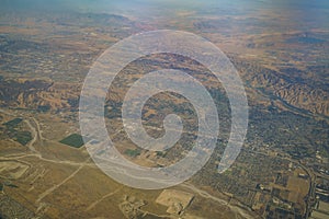 Aerial view of Redlands, view from window seat in an airplane