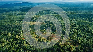 An aerial view of a reforested area where trees now cover land that was once cleared for mining photo