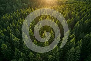 Aerial view of a reforested forest with many green and leafy trees with a bright sun in the background