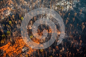 aerial view of regrowth patterns across burnt forest