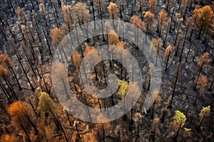 aerial view of regrowth patterns in burned forest