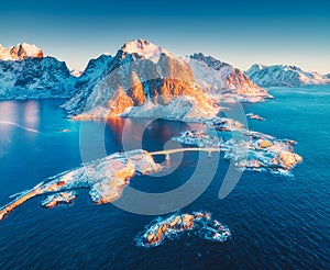 Aerial view of Reine and Hamnoy at sunrise in winter