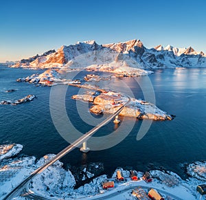 Aerial view of Reine and Hamnoy at sunset in winter
