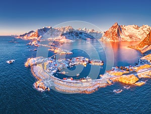 Aerial view of Reine and Hamnoy at sunset in winter