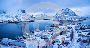 Aerial view of Reine in overcast day in winter in Lofoten, Norway