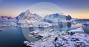 Aerial view of Reine Village on the Lofoten Islands in Winter season, Norway