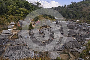 Aerial view of the remote Nuogang Dai village in Lancang, Yunnan - China photo