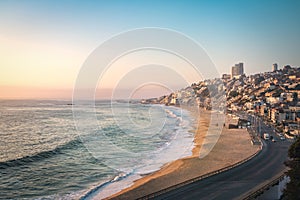 Aerial view of Renaca Beach at sunset - Vina del Mar, Chile