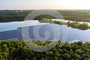 Aerial view of renewable alternative electricity energy the floating solar panels cell platform