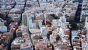 Aerial view of residence districts in european city. Stock. Eixample district. Aerial view of apartment buildings in