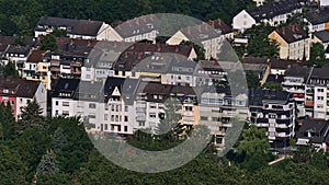 Aerial view of residential area in district Neuendorf in city Koblenz, Germany with multi-family apartment buildings.