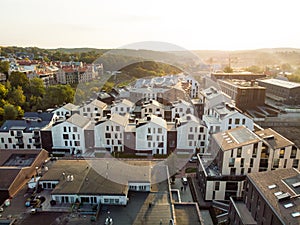 Aerial view of residential area in Vilnius, Lithuania. New modern apartment complex. Low rise european apartment building complex