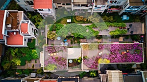 Aerial view of residential building with flower garden in Bangkok, Thailand