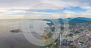 Aerial view of residential buildings in Sri Racha district with sea, Chonburi skyline, Thailand. Urban city in Asia. Architecture