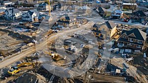 Aerial view of residential construction site at sunset