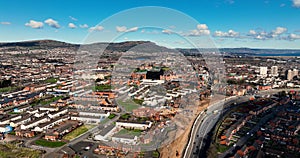 Aerial view of Residential homes and Apartments in Belfast City in Northern Ireland Cityscape