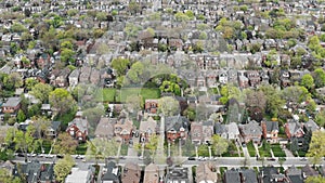 Aerial view of residential homes in Toronto, Ontario in late spring.