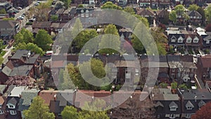 Aerial view of residential homes in Toronto, Ontario in late spring.