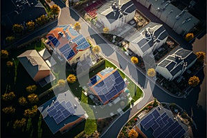 aerial view of a residential house with a roof full of photovoltaic panels, generative ai