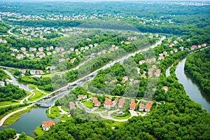 aerial view residential houses near summer river and huge metal bridge made with Generative AI