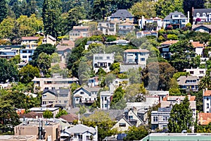 Aerial view of residential neighborhood built on a hill, Berkeley, San Francisco bay, California