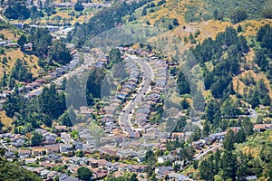 Aerial view of residential neighborhood close to the Pacific Ocean coast, California