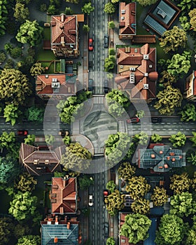 Aerial view of residential neighborhood with curvy streets. Single-family homes with driveways and yards.