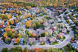Aerial View of Residential Neighbourhood in Montreal During Autumn Season, Quebec, Canada