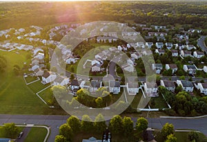 Aerial view of residential quarters at early sunrise. Beautiful Town Urban landscape at dawn