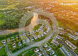 Aerial view of residential quarters at early sunrise. Beautiful Town Urban landscape at dawn