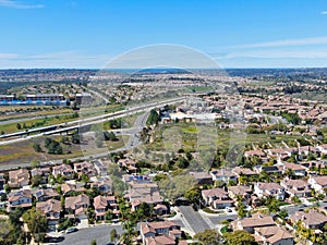 Aerial view of residential subdivision house in Torrey Higlands, San Diego, California