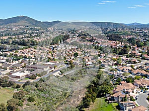 Aerial view of residential subdivision house in Torrey Higlands, San Diego, California