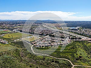 Aerial view of residential subdivision house in Torrey Higlands, San Diego, California