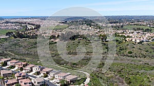 Aerial view of residential subdivision house in Torrey Higlands, San Diego, California