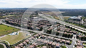 Aerial view of residential subdivision house in Torrey Higlands, San Diego, California