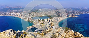 Aerial view of the resort town with its beaches and crowded buildings. Calpe Alicante.