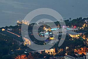 Aerial view of the resort village Camyuva Kemer, Turkey, night.