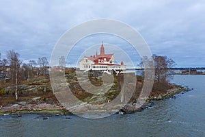 Aerial view of restaurant saaristo on Luoto island, in the city of Helsinki, in Helsingfors, Uusimaa, Finland