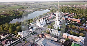 Aerial view of Resurrection Cathedral on bank of Teza River in Russian city of Shuya, Ivanovo oblast