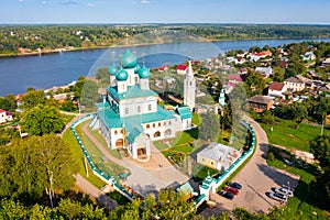 Aerial view of Resurrection Cathedral in Tutayev and Volga river in summer, Russia