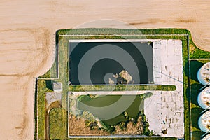 Aerial View Of Retention Basins, Wet Pond, Wet Detention Basin Or Stormwater Management Pond Near Biogas Bio-gas Plant