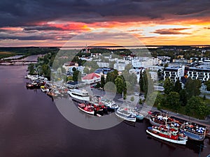 Aerial view of retro steamships at the pier on the Pielisjoki river in Joensuu, Finland. photo