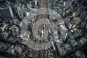 aerial view reveals a city besieged by massive traffic congestion with an unending stream of cars stretching as far as