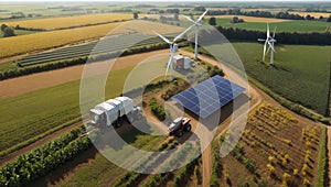 Aerial view reveals a harmonious tableau of farmland, a steadfast tractor, towering windmills, and glinting solar cells, all